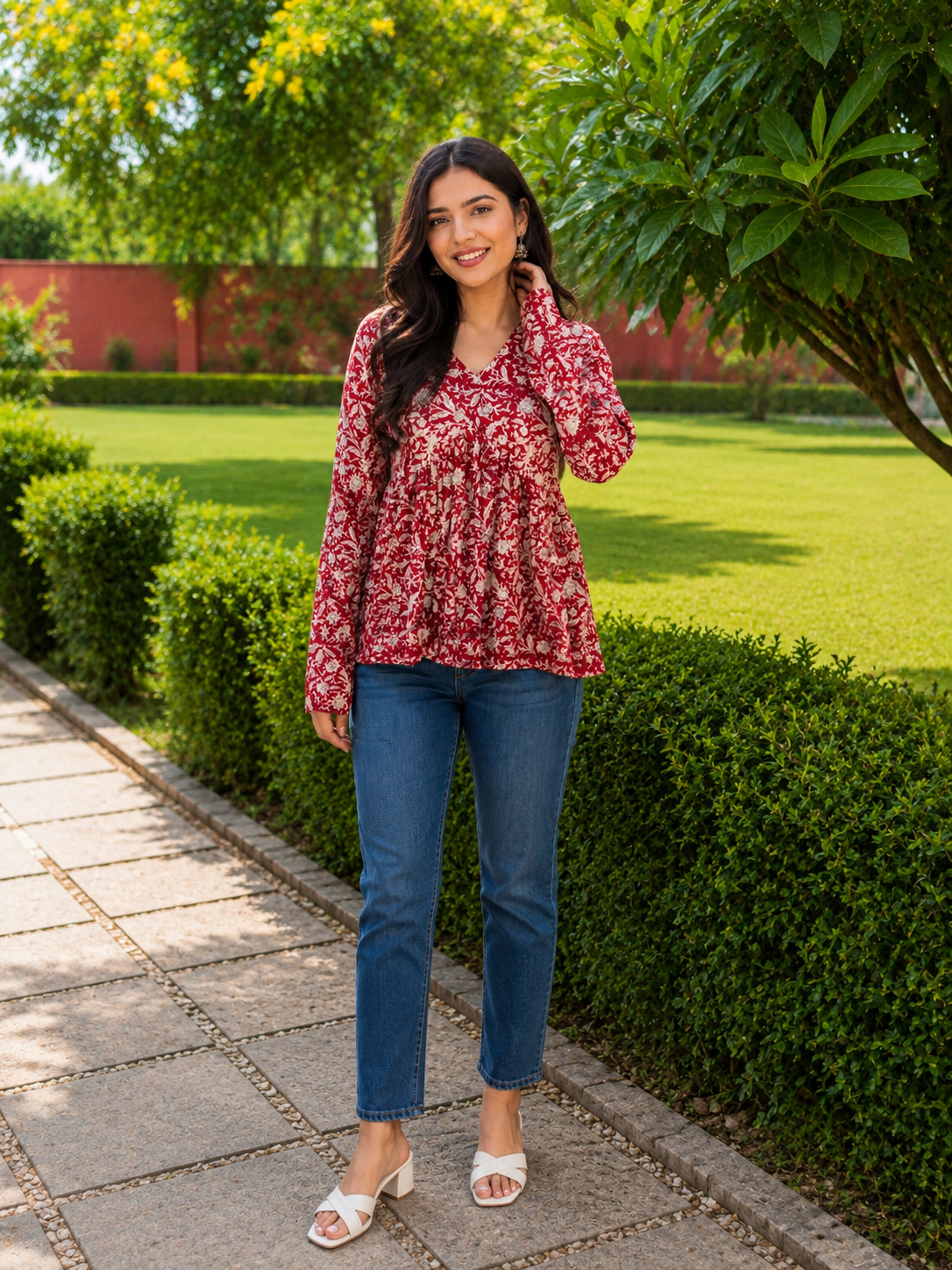 Women’s Maroon Floral Printed Full Sleeve Cotton Kurti with Flared Design